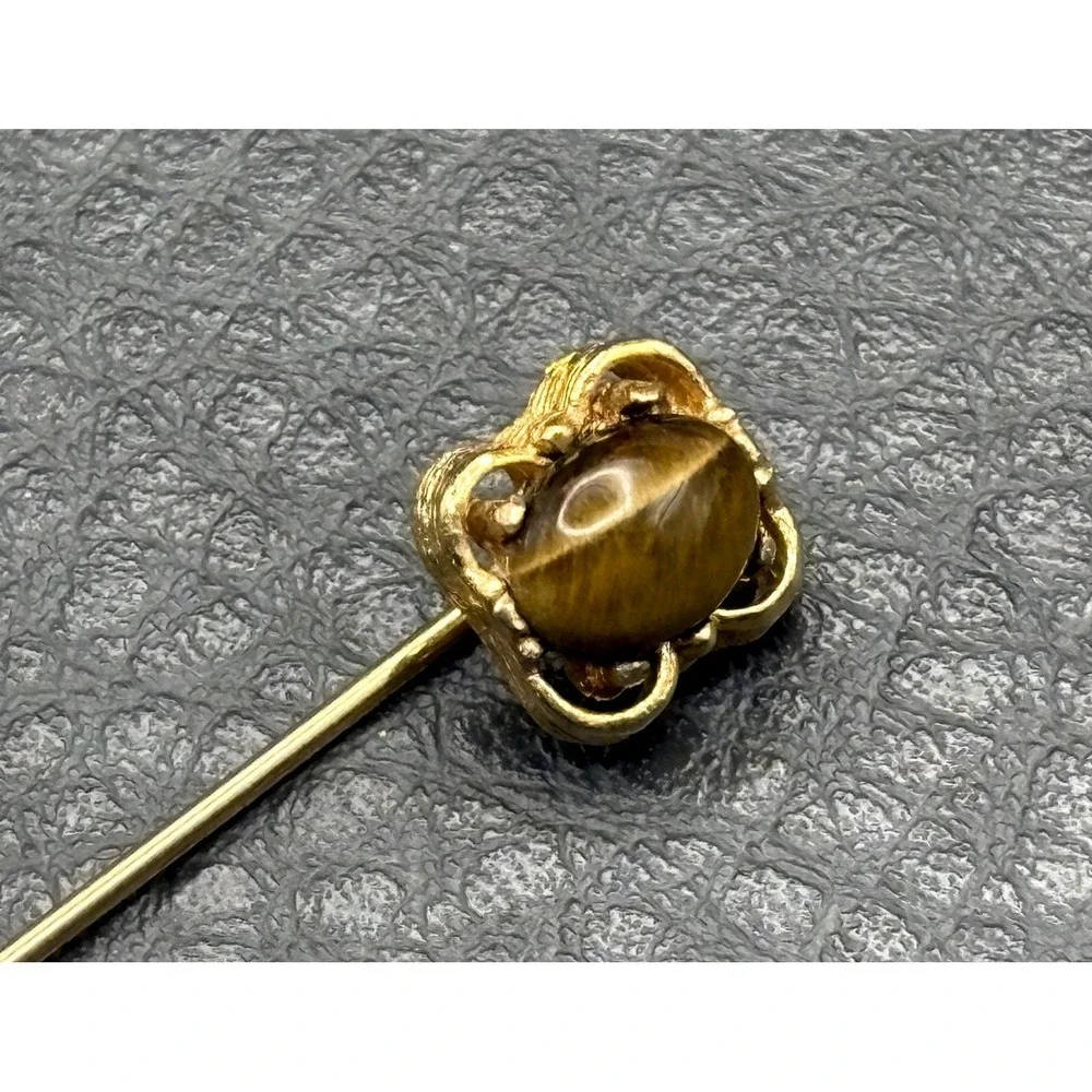 Vintage Tiger Eye Stone Cabochon Stick Pin Brooch Hat Lapel